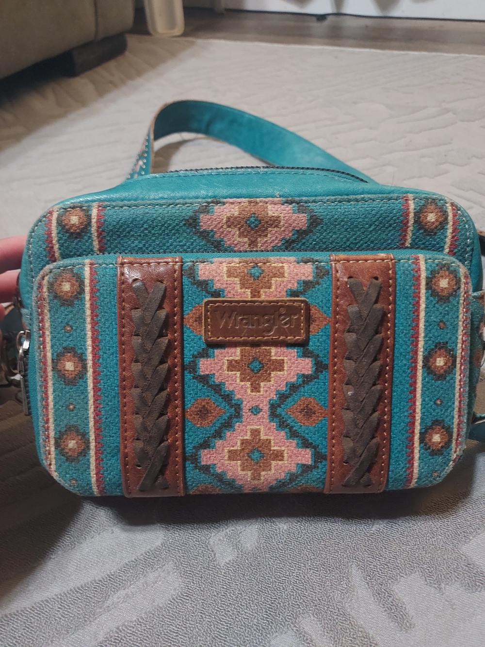 Wrangler Teal Southwestern Pattern Crossbody with Brown Accents